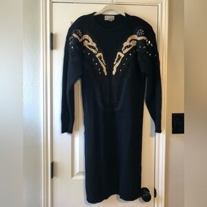 Vintage Susan Bennett Black Lambswool Angora Sweater Dress Beaded Western Knit M